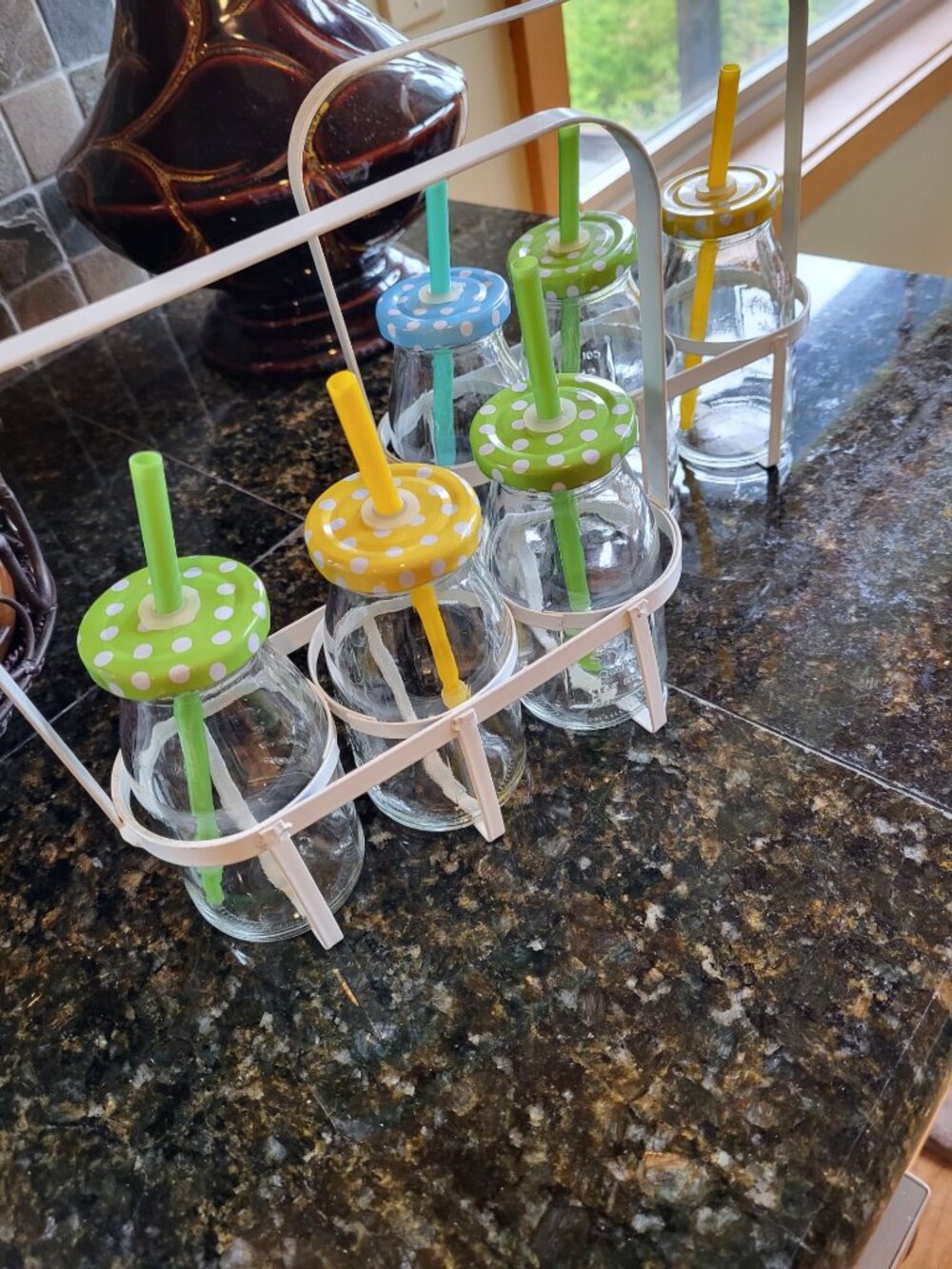 2 Sets of 3 Mini Milk bottles in Caddy with straws and polka dot lids